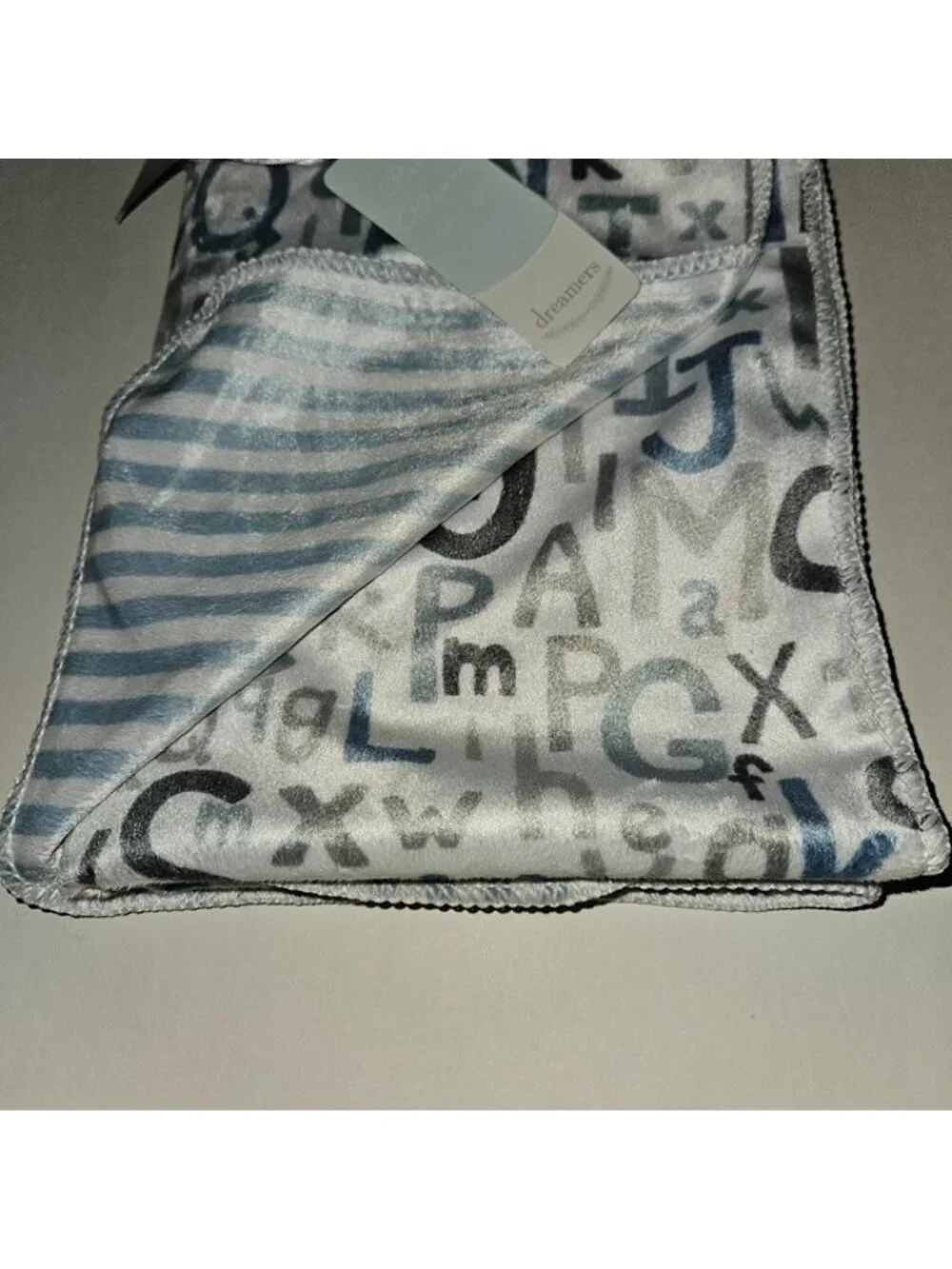 NEW 119741 Reversible Fleece Baby Blanket Gray Blue Letters Alphabet Stripes